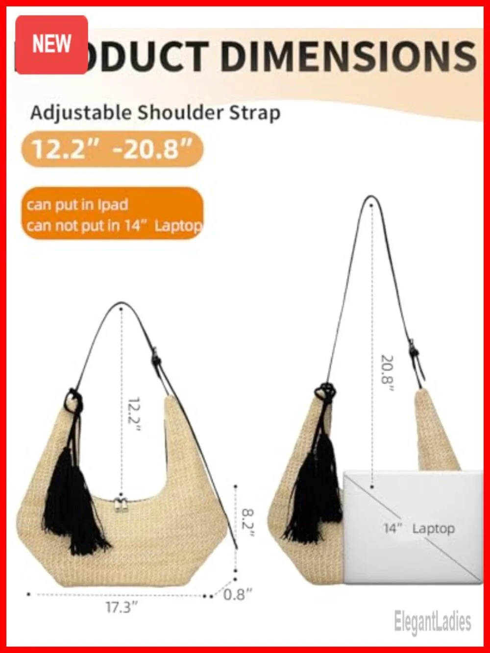 Hobo Shoulder Crossbody Bag with Adjustable Strap, Straw Weave Summer Beach